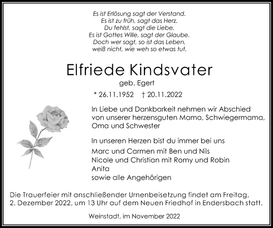 Traueranzeige von Elfriede Kindsvater von Waiblinger Kreiszeitung