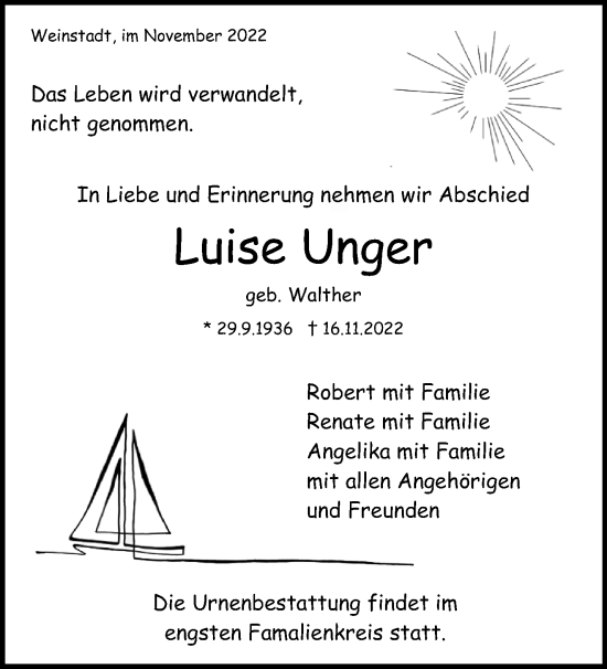 Traueranzeigen Von Luise Unger | ZVW-Trauer