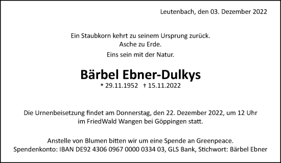 Traueranzeige von Bärbel Ebner-Dulkys von Waiblinger Kreiszeitung