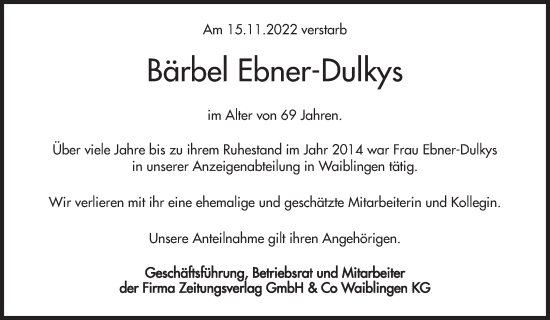 Traueranzeige von Bärbel Ebner-Dulkys von Waiblinger Kreiszeitung