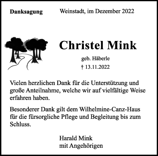 Traueranzeige von Christel Mink von Waiblinger Kreiszeitung