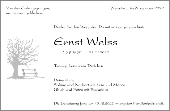 Traueranzeige von Ernst Welss von Waiblinger Kreiszeitung