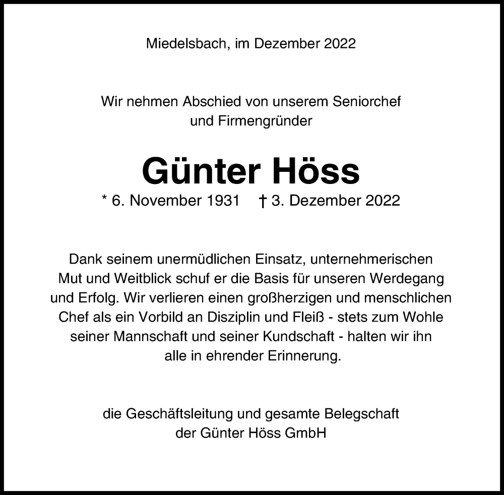  Traueranzeige für Günter Höss vom 07.12.2022 aus Waiblinger Kreiszeitung