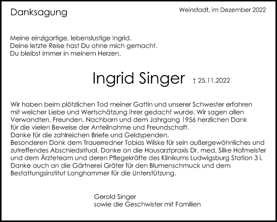 Traueranzeige von Ingrid Singer von Waiblinger Kreiszeitung