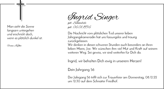 Traueranzeige von Ingrid Singer von Waiblinger Kreiszeitung