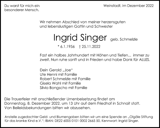 Traueranzeige von Ingrid Singer von Waiblinger Kreiszeitung