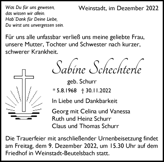 Traueranzeige von Sabine Schechterle von Waiblinger Kreiszeitung