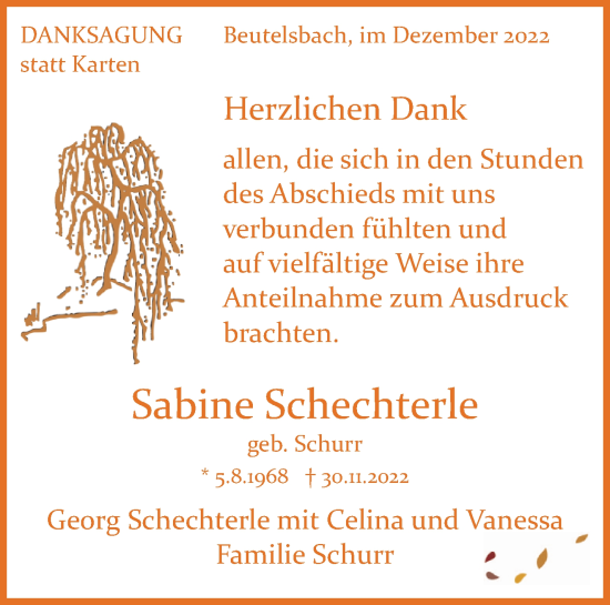 Traueranzeige von Sabine Schechterle von Waiblinger Kreiszeitung