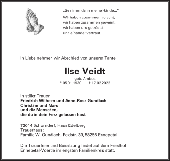 Traueranzeige von Ilse Veidt von Waiblinger Kreiszeitung