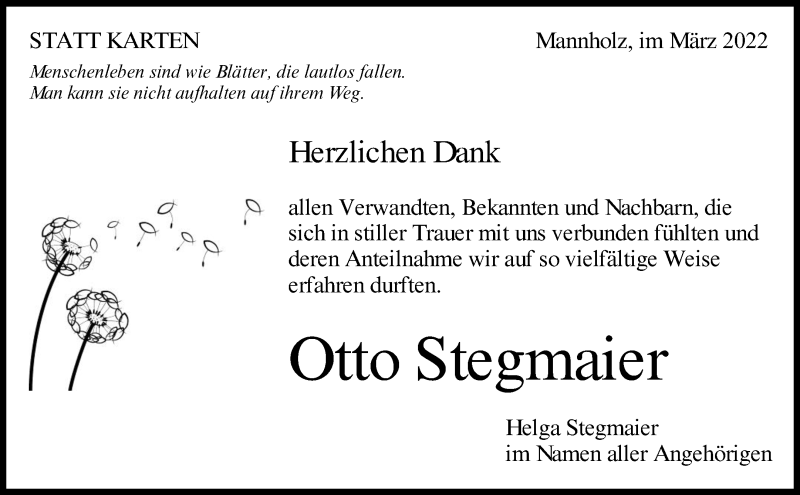 Traueranzeigen Von Otto Stegmaier | ZVW-Trauer