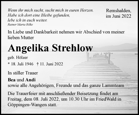 Traueranzeige von Angelika Strehlow von Waiblinger Kreiszeitung