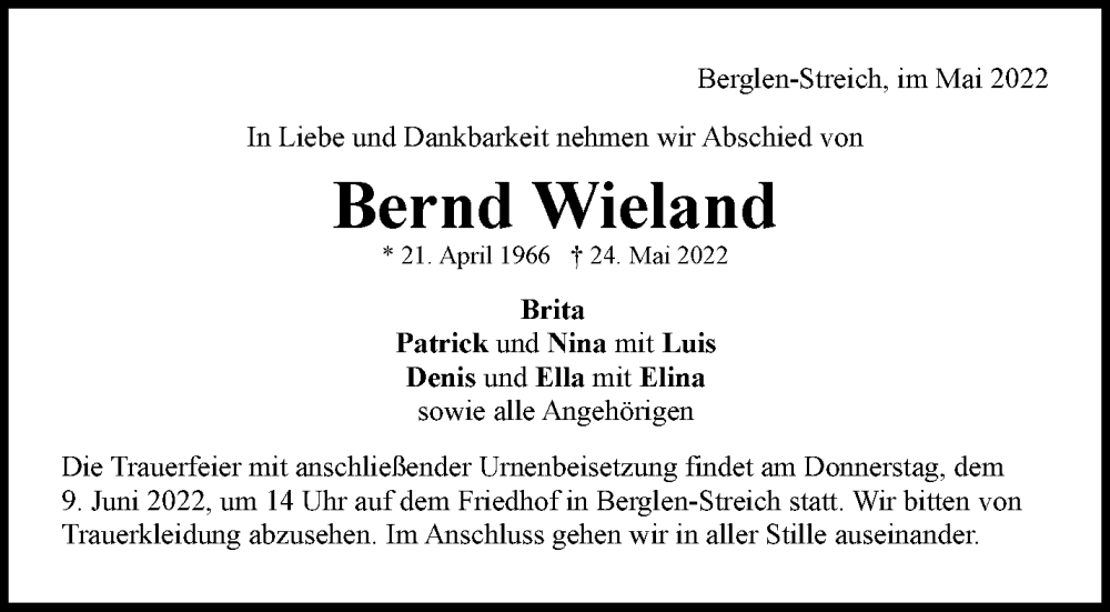  Traueranzeige für Bernd Wieland vom 04.06.2022 aus Waiblinger Kreiszeitung
