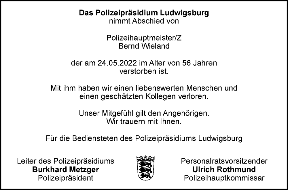  Traueranzeige für Bernd Wieland vom 04.06.2022 aus Waiblinger Kreiszeitung