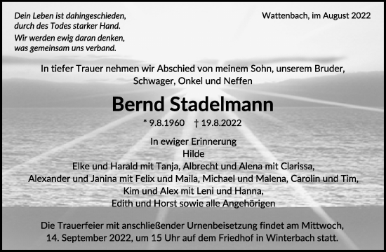 Traueranzeige von Bernd Stadelmann von Waiblinger Kreiszeitung