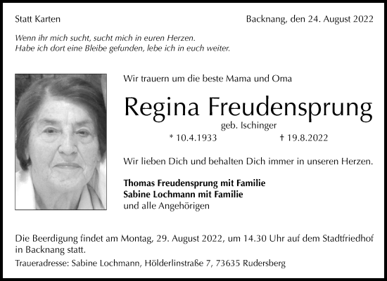 Traueranzeige von Regina Freudensprung von Waiblinger Kreiszeitung