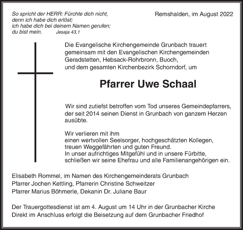  Traueranzeige für Uwe Schaal vom 01.08.2022 aus Waiblinger Kreiszeitung