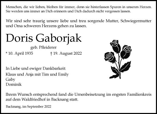 Traueranzeige von Doris Gaborjak von Waiblinger Kreiszeitung