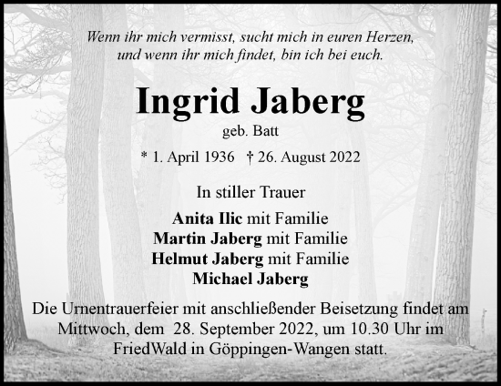 Traueranzeige von Ingrid Jaberg von Waiblinger Kreiszeitung