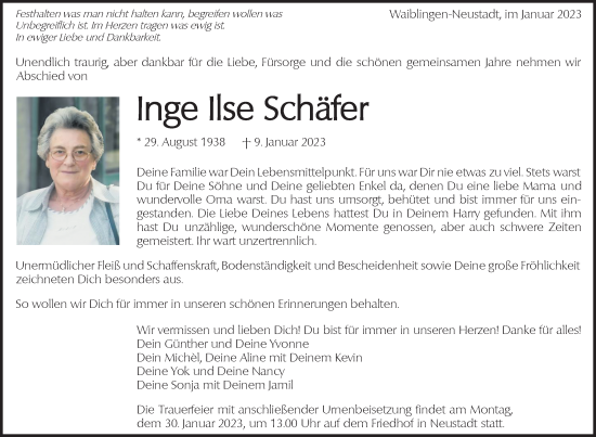 Traueranzeige von Inge Ilse Schäfer von Waiblinger Kreiszeitung