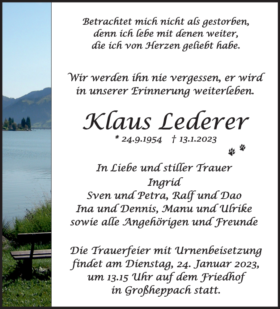  Traueranzeige für Klaus Lederer vom 18.01.2023 aus Waiblinger Kreiszeitung