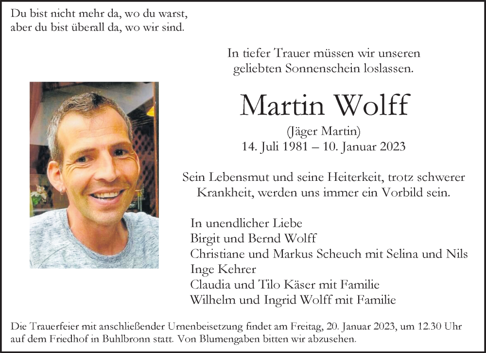  Traueranzeige für Martin Wolff vom 16.01.2023 aus Waiblinger Kreiszeitung