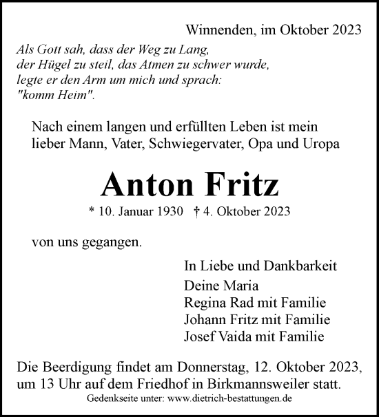 Traueranzeige von Anton Fritz von Waiblinger Kreiszeitung