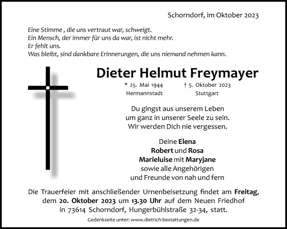  Traueranzeige für Dieter Helmut Freymayer vom 17.10.2023 aus Waiblinger Kreiszeitung