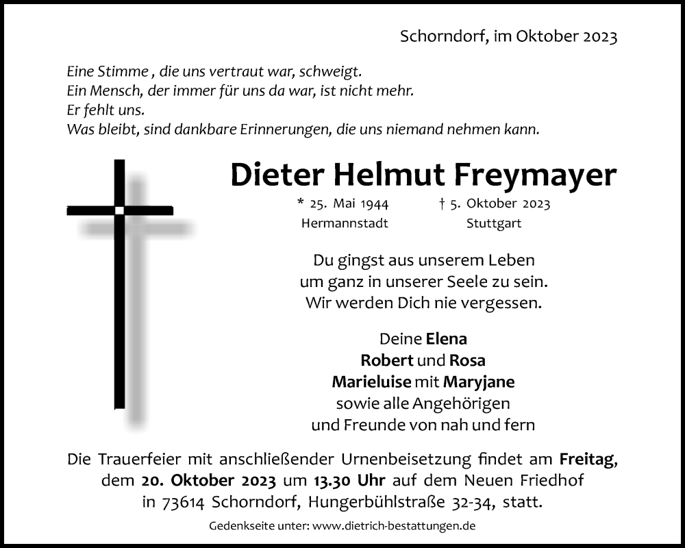  Traueranzeige für Dieter Helmut Freymayer vom 16.10.2023 aus Waiblinger Kreiszeitung