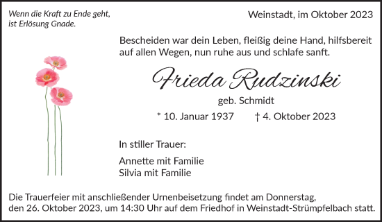 Traueranzeige von Frieda Rudzinski von Waiblinger Kreiszeitung