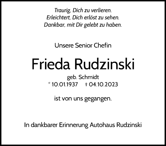 Traueranzeige von Frieda Rudzinski von Waiblinger Kreiszeitung