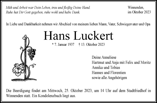 Traueranzeige von Hans Luckert von Waiblinger Kreiszeitung