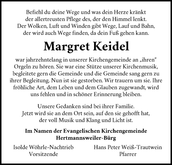 Traueranzeige von Margret Keidel von Waiblinger Kreiszeitung