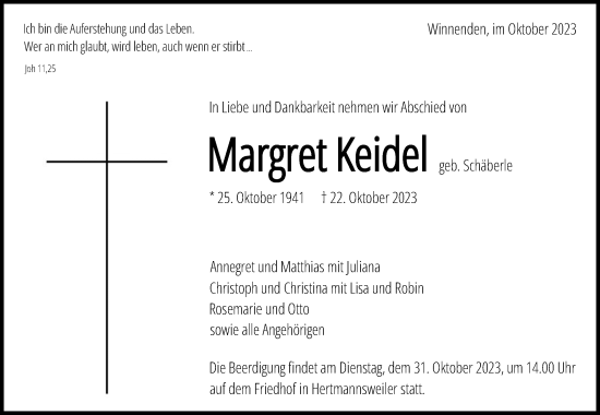 Traueranzeige von Margret Keidel von Waiblinger Kreiszeitung