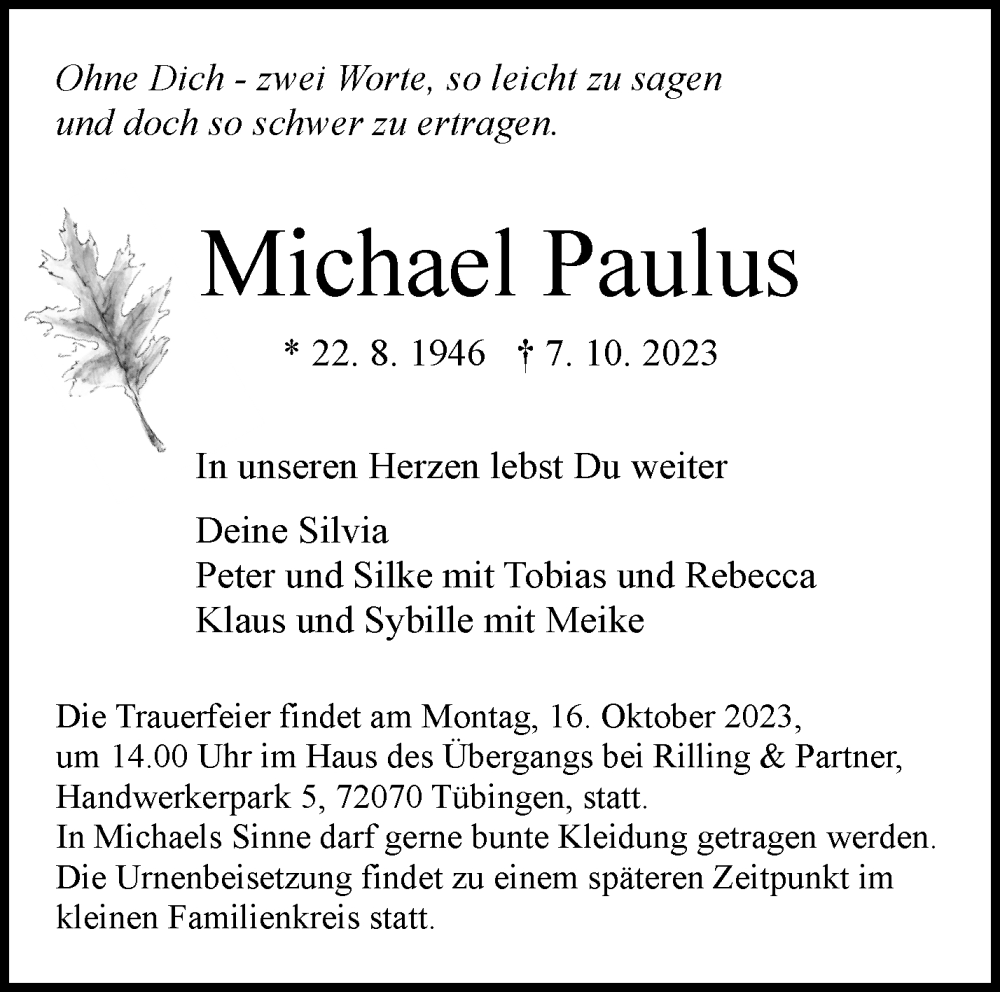  Traueranzeige für Michael Paulus vom 12.10.2023 aus Waiblinger Kreiszeitung