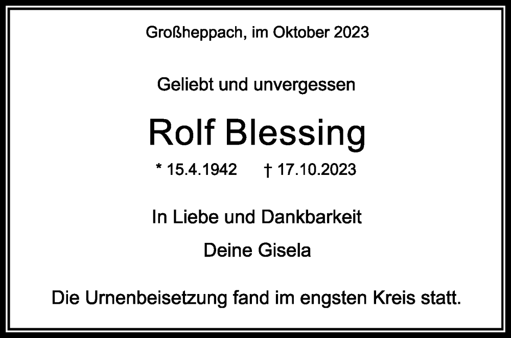  Traueranzeige für Rolf Blessing vom 28.10.2023 aus Waiblinger Kreiszeitung
