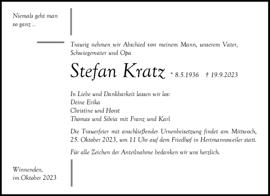 Traueranzeige von Stefan Kratz von Waiblinger Kreiszeitung