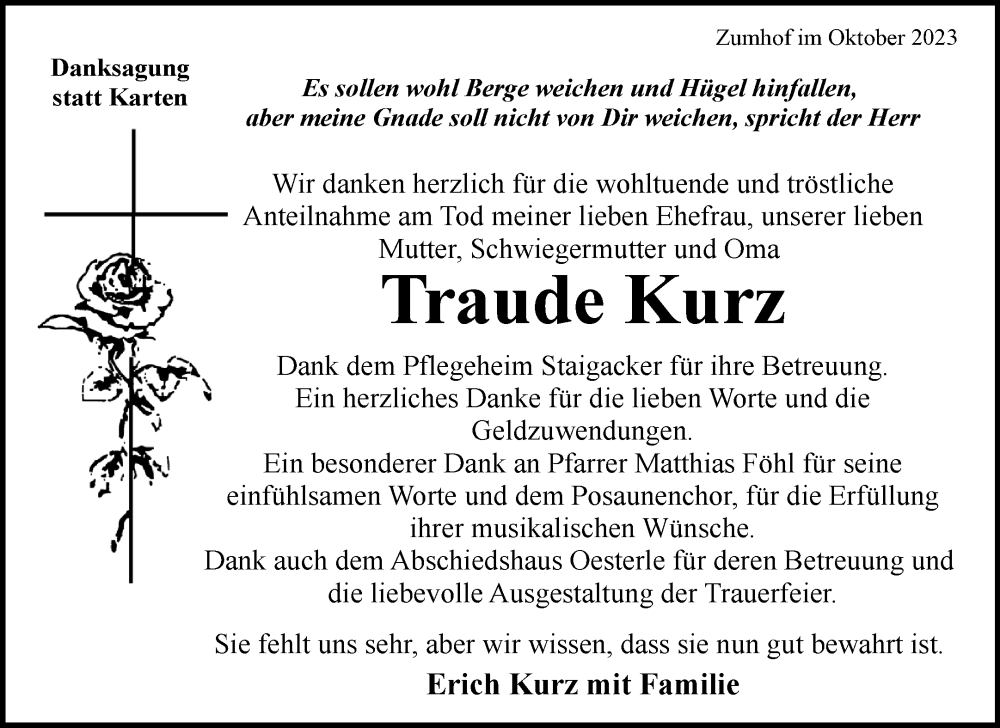 Traueranzeigen Von Traude Kurz | ZVW-Trauer