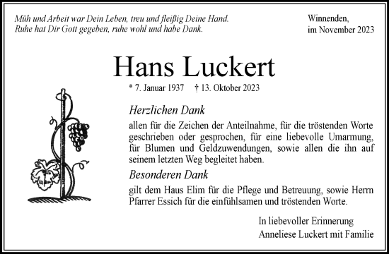 Traueranzeige von Hans Luckert von Waiblinger Kreiszeitung