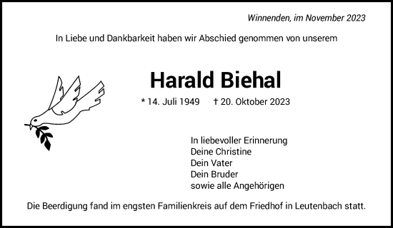 Traueranzeige von Harald Biehal von Waiblinger Kreiszeitung