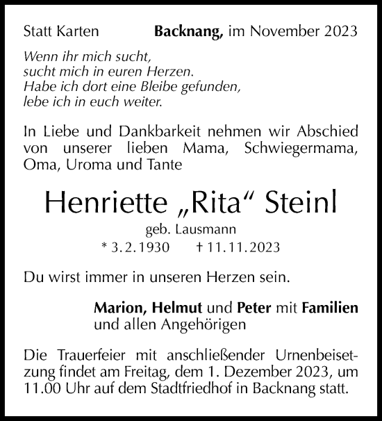 Traueranzeige von Henriette Steinl von Waiblinger Kreiszeitung