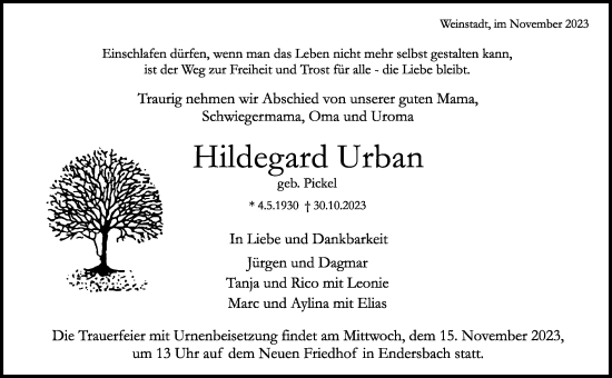 Traueranzeige von Hildegard Urban von Waiblinger Kreiszeitung