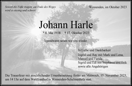 Traueranzeige von Johann Harle von Waiblinger Kreiszeitung