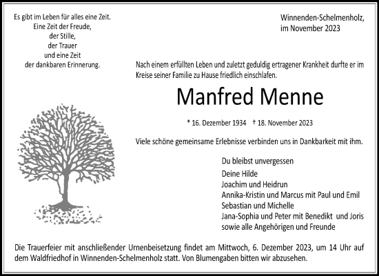 Traueranzeige von Manfred Menne von Waiblinger Kreiszeitung