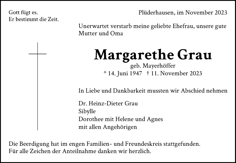  Traueranzeige für Margarethe Grau vom 22.11.2023 aus Waiblinger Kreiszeitung