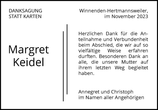 Traueranzeige von Margret Keidel von Waiblinger Kreiszeitung