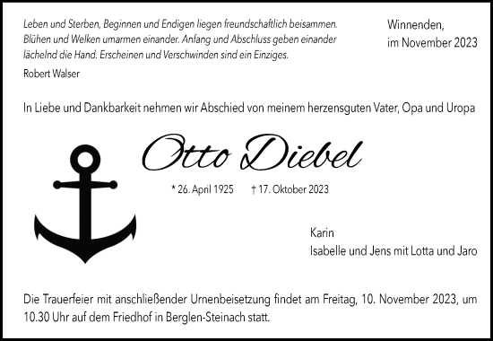 Traueranzeige von Otto Diebel von Waiblinger Kreiszeitung