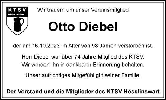 Traueranzeige von Otto Diebel von Waiblinger Kreiszeitung