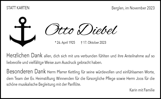 Traueranzeige von Otto Diebel von Waiblinger Kreiszeitung