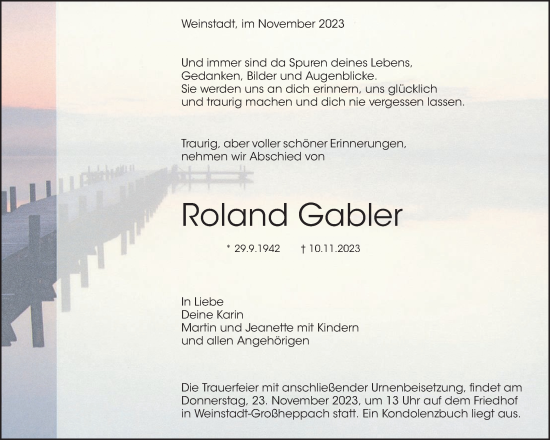 Traueranzeige von Roland Gabler von Waiblinger Kreiszeitung