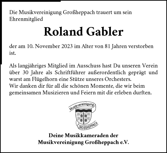 Traueranzeige von Roland Gabler von Waiblinger Kreiszeitung